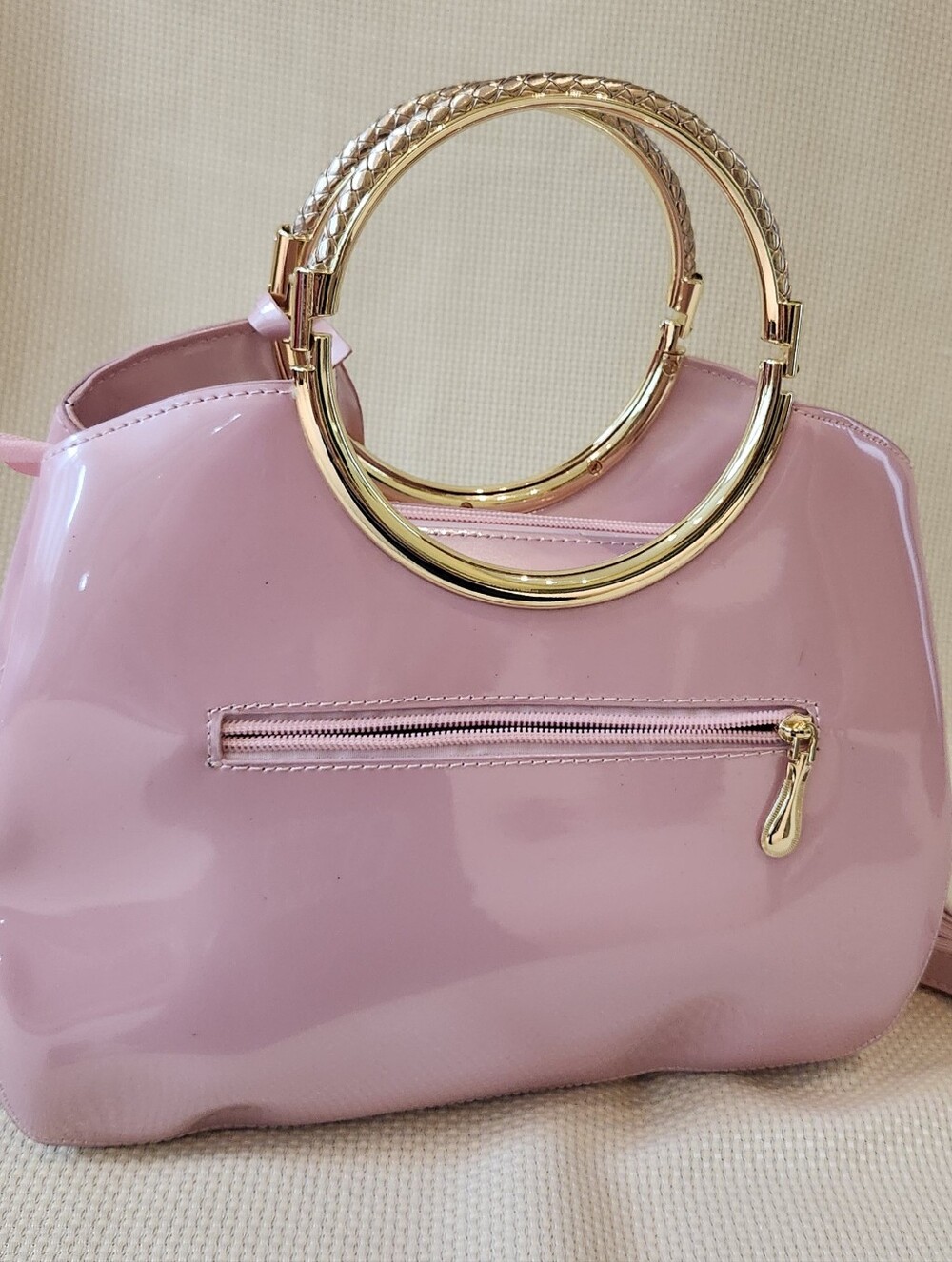 Pink Patent Leather Satchel Gold Ring Top Handle Crossbody Bag Structured Purse - Picture 5 of 16